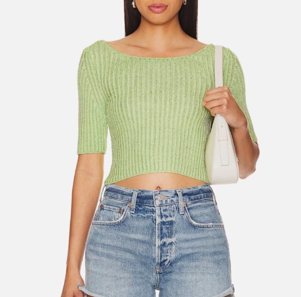 FREE PEOPLE TOP WOMENS LARGE SAN LUCAS STRETCH KNIT CROP PULLOVER SWEATER GREEN - Picture 1 of 13